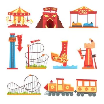 Amusement park elements set, funfair attraction colorful cartoon vector Ilustração Stock
