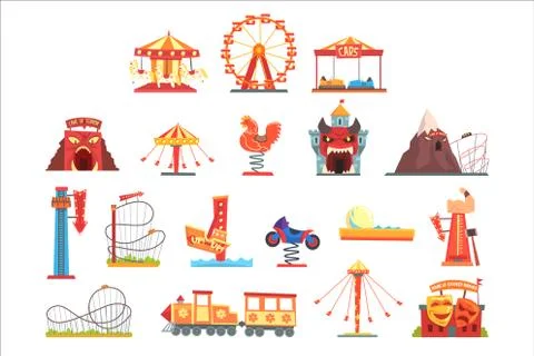 Amusement park elements set, funfair attraction colorful cartoon vector Ilustração Stock