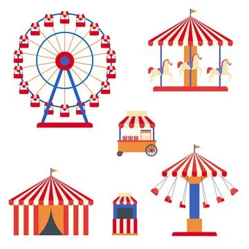 Amusement Park Flat Icon Set with Circus Rides and Attractions Ilustración de archivo
