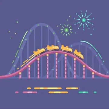 Amusement park flat illustration. Roller coaster and fireworks at night Ilustração Stock