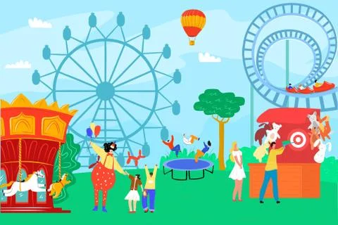 Amusement park with fun clown, vector illustration. Carnival and circus at Ilustración de archivo