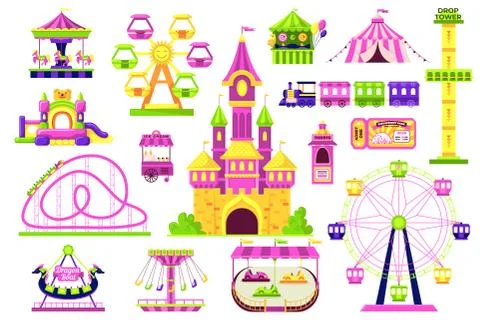 Amusement park for fun, fair objects set, isolated on white vector illustration Ilustración de archivo