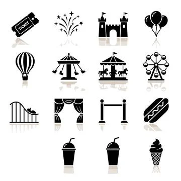 Amusement park icons set featuring ticket, fireworks, castle, balloons, hot.. Stock Illustration