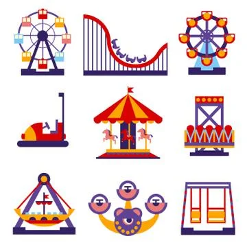 Amusement Park Icons Set of Vector Flat Design Illustrations Ilustración de archivo
