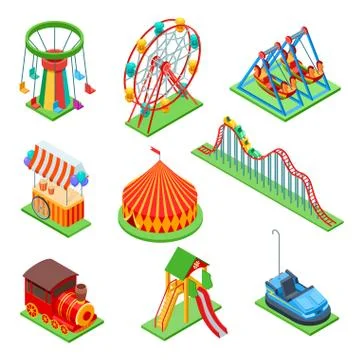 Amusement park isometric elements. Ferris wheel and circus tent, popcorn booth Stock Illustration