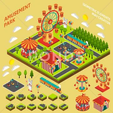 Amusement Park Isometric Map Creator Composition Stock Illustration