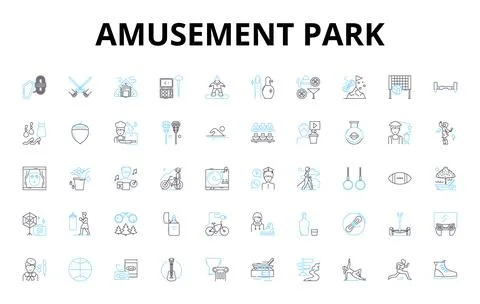 Amusement park linear icons set. Thrill, Rollercoaster, Ferris wheel, Carousel Ilustración de archivo