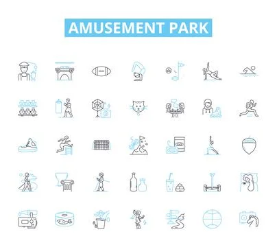 Amusement park linear icons set. Thrill, Rollercoaster, Ferris wheel, Carousel 스톡 일러스트