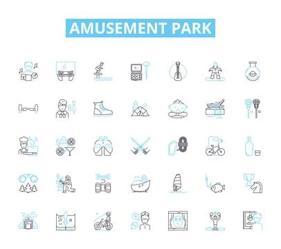 Amusement park linear icons set. Thrill, Rollercoaster, Ferris wheel, Carousel 스톡 일러스트