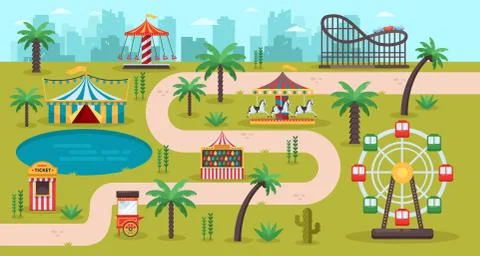 Amusement park map concept. Fun carousels, circus, ferris wheel, fair in fami 스톡 일러스트