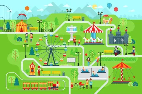 Amusement park map infographic elements in flat vector design Stock Illustration