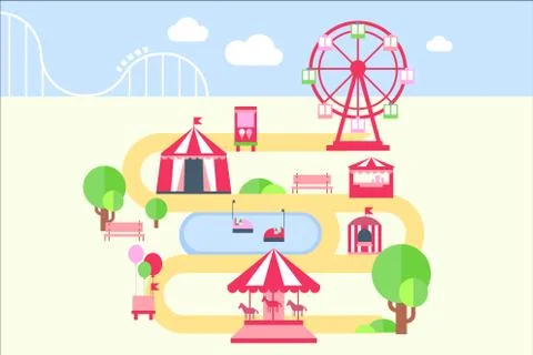 Amusement park map infographic elements, attractions and carousels vector Stock Illustration