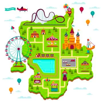 Amusement park map. Scheme elements attractions festival amuse funfair leisure Ilustração Stock