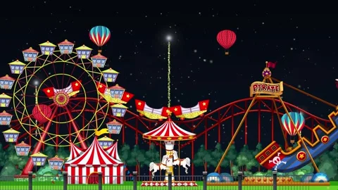 Amusement park at night with fireworks exploding a colorful display in the .. Video stock 332723591