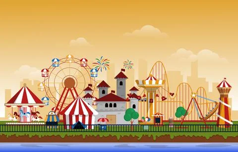 Amusement Park Rides Fun Fair Carnival Flat Vector Illustration Stock Illustration