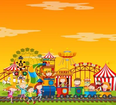 Amusement park scene at daytime with blank yellow sky Stock Illustration