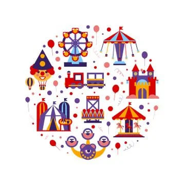 Amusement Park Seamless Pattern of Round Shape, Childish Style Design Element Stock Illustration
