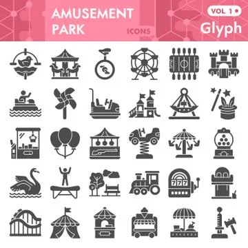 Amusement park solid icon set, children entertainment symbols collection or Stock Illustration