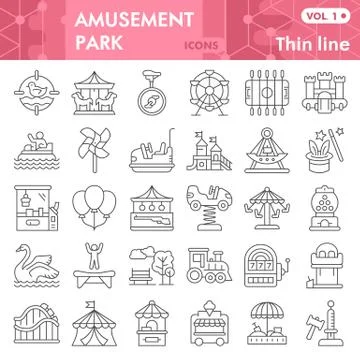 Amusement park thin line icon set, children entertainment symbols collection or Illustrazione stock