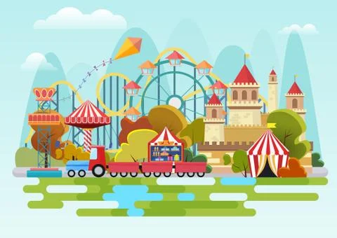 Amusement park vector concept on the mountains background. Ilustração Stock
