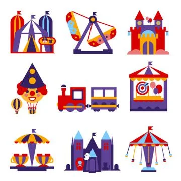 Amusement Park Vector Flat Design Illustrations Set Ilustración de archivo