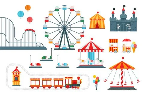 Amusement park vector flat elements isolated on white background Ilustración de archivo