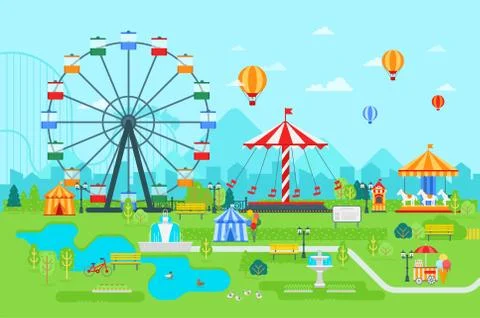 Amusement park vector flat illustration at daytime with ferris wheel, circus Stock Illustration