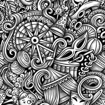 Amusement Park vector hand drawn doodles seamless pattern. 스톡 일러스트