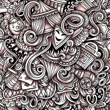 Amusement Park vector hand drawn doodles seamless pattern. Stock Illustration