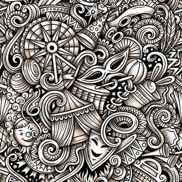 Amusement Park vector hand drawn doodles seamless pattern. Stock Illustration