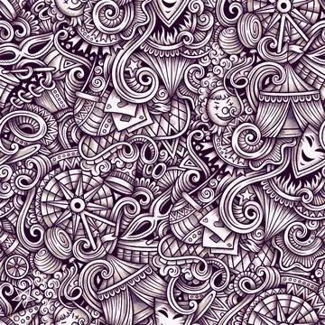 Amusement Park vector hand drawn doodles seamless pattern. Stock Illustration