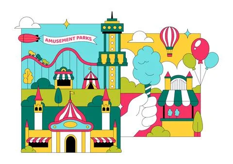 Amusement Park Vector Illustration Featuring Ferris Wheel, Roller Coaster, .. Stock Illustration