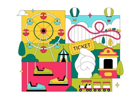 Amusement Park Vector Illustration Featuring Ferris Wheel, Roller Coaster, .. イラスト素材