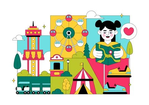 Amusement Park Vector Illustration Featuring Ferris Wheel, Roller Coaster, .. Stock Illustration