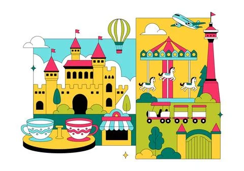 Amusement Park Vector Illustration Featuring Ferris Wheel, Roller Coaster, .. イラスト素材