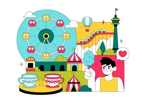 Amusement Park Vector Illustration Featuring Ferris Wheel, Roller Coaster, .. 스톡 일러스트