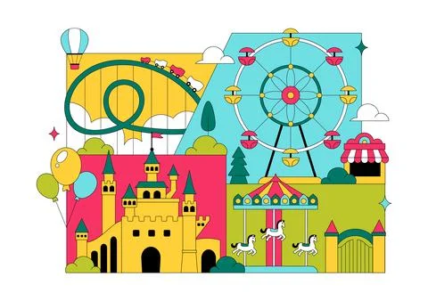 Amusement Park Vector Illustration Featuring Ferris Wheel, Roller Coaster, .. Stock Illustration