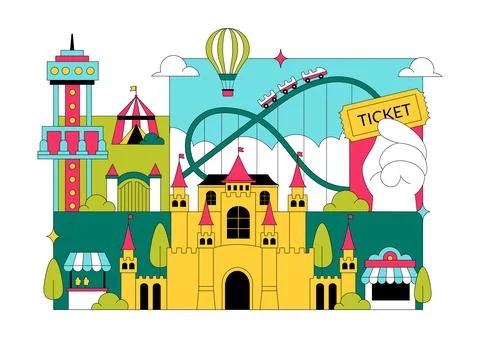 Amusement Park Vector Illustration Featuring Ferris Wheel, Roller Coaster, .. イラスト素材