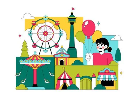Amusement Park Vector Illustration Featuring Ferris Wheel, Roller Coaster, .. イラスト素材