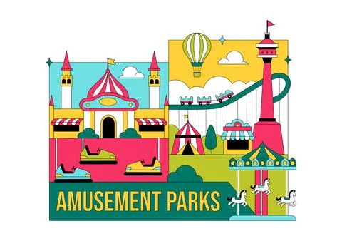 Amusement Park Vector Illustration Featuring Ferris Wheel, Roller Coaster, .. Stock Illustration