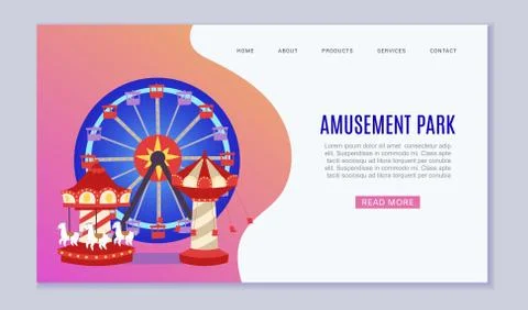 Amusement park web vector template illustration. Carousels. Slides and swings Stock Illustration