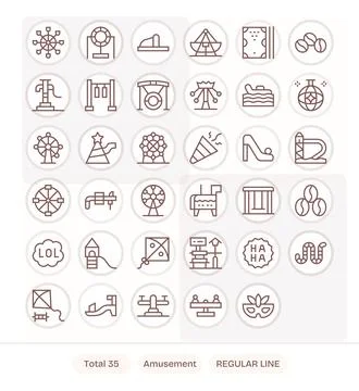 Amusement Vector Icon Toolkit featuring 35 Grid Fitted 128x128 Regular Line.. Stock Illustration