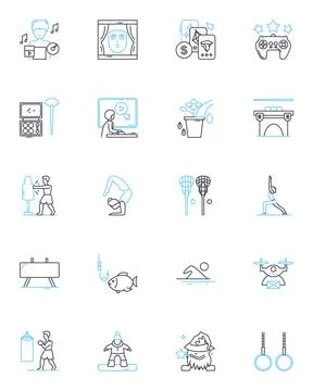 Amusement ventures linear icons set. Rides, Games, Thrills, Fun, Entertainment Stock Illustration