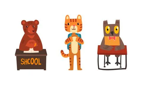 Amusing Animals Learning at School Set, Bear, Cat and Owl at Lesson, School Illustrazione stock