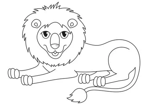 Amusing cartoon lion regally lying, coloring book page Stock Illustration