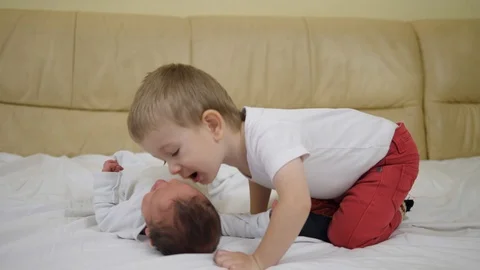 Amusing child caressing and kissing newborn baby, funny toddler  Stock Footage 110989028