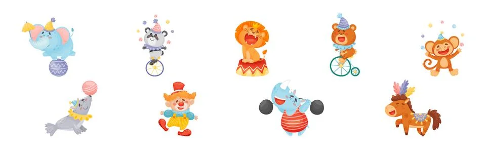 Amusing Circus Animal Performing Trick and Stunt Vector Illustration Set Stock Illustration