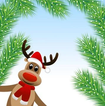 Amusing deer and branches of fluffy fir-tree Stock Illustration