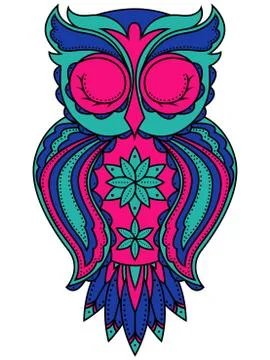 Amusing owl in turquoise, blue and pink colors Stock Illustration