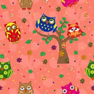 Amusing owls seamless pattern over terracotta Stock Illustration